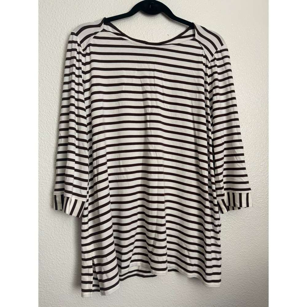 J.Jill Wearever Brown White Striped 3/4 Sleeve Boat Neck Tunic Top Large - Picture 2 of 9